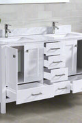 Vanity without faucet showing predrilled Carrara marble top and undermount sink space