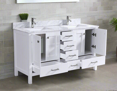 Vanity without faucet showing predrilled Carrara marble top and undermount sink space