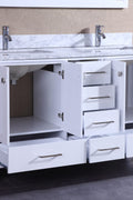 Soft-close drawers and 4-door storage in white double sink vanity
