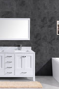 60-inch white bathroom vanity with Carrara marble top and dual sinks in modern bathroom