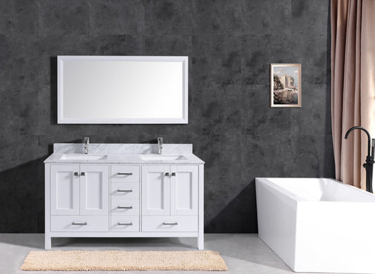 60-inch white bathroom vanity with Carrara marble top and dual sinks in modern bathroom