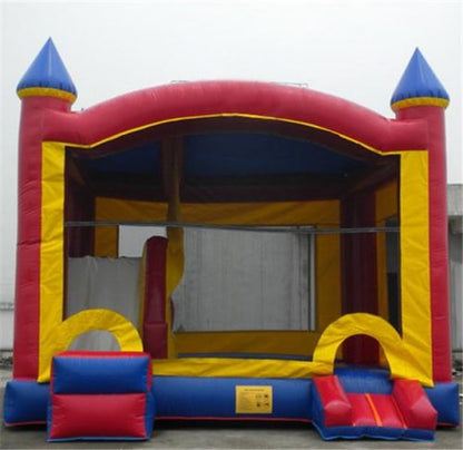 15 x 18 x 14 inflatable bouncy castle for party rentals
Colorful red and blue commercial-grade bounce house
Side view of durable inflatable bounce castle with entrance
Party rental bounce house with large interior for kids