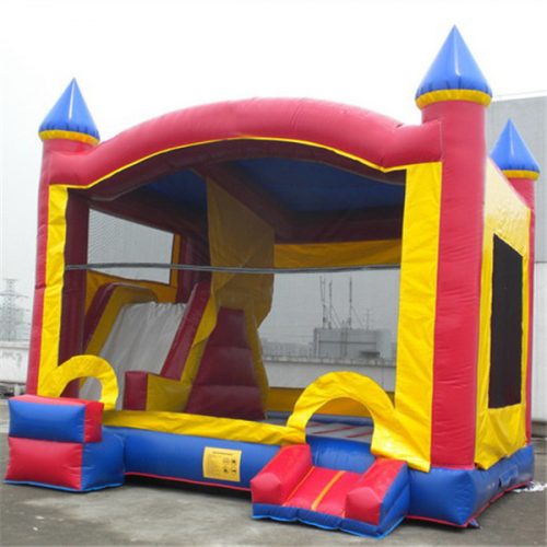 15 x 18 x 14 inflatable bouncy castle for party rentals
Colorful red and blue commercial-grade bounce house
Side view of durable inflatable bounce castle with entrance
Party rental bounce house with large interior for kids