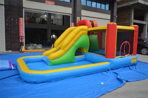 Inflatable blue and yellow water slide for kids outdoor play
16.4 ft commercial water slide with pool base and blower
Side view of party rental-grade inflatable water slide
Compact water slide setup for backyard or event rentals