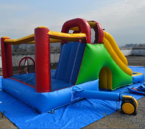 Inflatable blue and yellow water slide for kids outdoor play
16.4 ft commercial water slide with pool base and blower
Side view of party rental-grade inflatable water slide
Compact water slide setup for backyard or event rentals