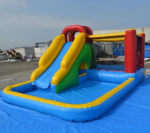 Inflatable blue and yellow water slide for kids outdoor play
16.4 ft commercial water slide with pool base and blower
Side view of party rental-grade inflatable water slide
Compact water slide setup for backyard or event rentals
