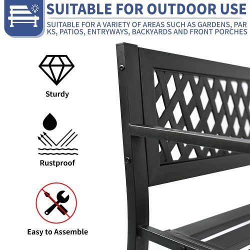 Black Patio Metal Garden Bench with Backrest – Front View

Decorative Steel Garden Bench – Close-Up of Backrest Scroll Design

Weather-Resistant Outdoor Bench – Side Angle

Outdoor Seating Metal Bench – On Lawn

Backyard Garden Bench with Armrests – Lifestyle Use