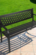 Black Patio Metal Garden Bench with Backrest – Front View

Decorative Steel Garden Bench – Close-Up of Backrest Scroll Design

Weather-Resistant Outdoor Bench – Side Angle

Outdoor Seating Metal Bench – On Lawn

Backyard Garden Bench with Armrests – Lifestyle Use