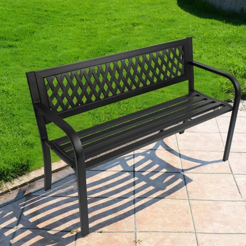 Black Patio Metal Garden Bench with Backrest – Front View

Decorative Steel Garden Bench – Close-Up of Backrest Scroll Design

Weather-Resistant Outdoor Bench – Side Angle

Outdoor Seating Metal Bench – On Lawn

Backyard Garden Bench with Armrests – Lifestyle Use