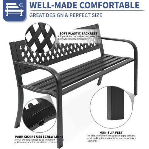 Black Patio Metal Garden Bench with Backrest – Front View

Decorative Steel Garden Bench – Close-Up of Backrest Scroll Design

Weather-Resistant Outdoor Bench – Side Angle

Outdoor Seating Metal Bench – On Lawn

Backyard Garden Bench with Armrests – Lifestyle Use