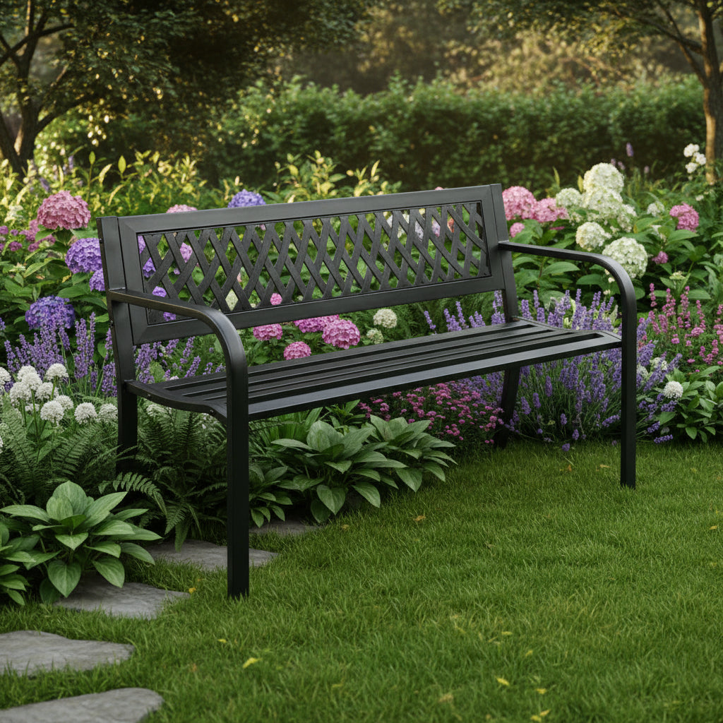 Black Patio Metal Garden Bench with Backrest – Front View

Decorative Steel Garden Bench – Close-Up of Backrest Scroll Design

Weather-Resistant Outdoor Bench – Side Angle

Outdoor Seating Metal Bench – On Lawn

Backyard Garden Bench with Armrests – Lifestyle Use