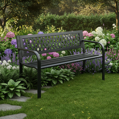 Black Patio Metal Garden Bench with Backrest – Front View

Decorative Steel Garden Bench – Close-Up of Backrest Scroll Design

Weather-Resistant Outdoor Bench – Side Angle

Outdoor Seating Metal Bench – On Lawn

Backyard Garden Bench with Armrests – Lifestyle Use