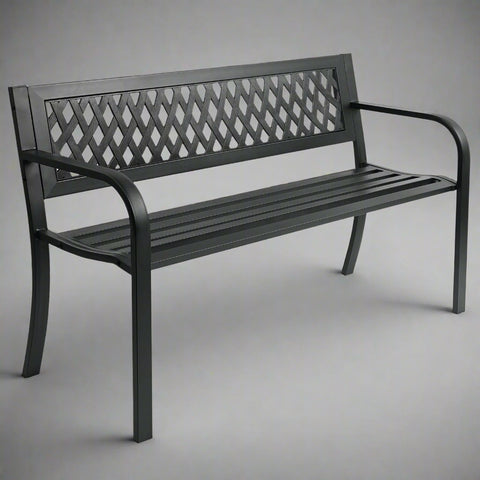 Black Patio Metal Garden Bench with Backrest – Front View

Decorative Steel Garden Bench – Close-Up of Backrest Scroll Design

Weather-Resistant Outdoor Bench – Side Angle

Outdoor Seating Metal Bench – On Lawn

Backyard Garden Bench with Armrests – Lifestyle Use