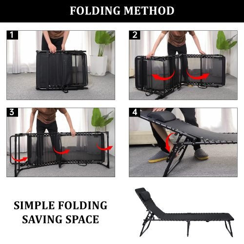 Black Adjustable Folding Patio Chaise Lounge Chair – Side View

Reclining Outdoor Lounge Chair Folded for Storage

Cushioned Folding Chaise Chair – Adjustable Backrest Positions

Patio Recliner in Outdoor Use Setting – Backyard or Poolside

Person Relaxing on Black Folding Patio Chaise Chair