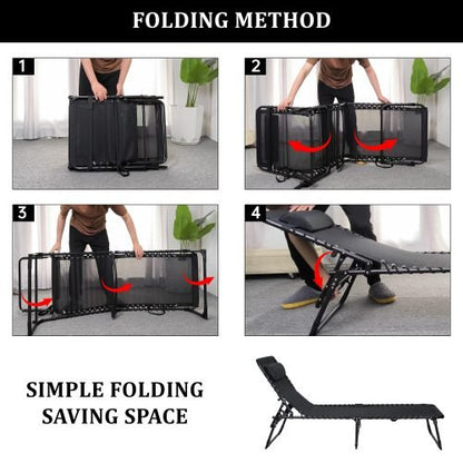 Black Adjustable Folding Patio Chaise Lounge Chair – Side View

Reclining Outdoor Lounge Chair Folded for Storage

Cushioned Folding Chaise Chair – Adjustable Backrest Positions

Patio Recliner in Outdoor Use Setting – Backyard or Poolside

Person Relaxing on Black Folding Patio Chaise Chair