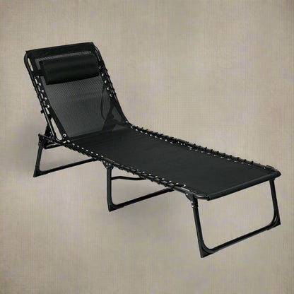 Black Adjustable Folding Patio Chaise Lounge Chair – Side View

Reclining Outdoor Lounge Chair Folded for Storage

Cushioned Folding Chaise Chair – Adjustable Backrest Positions

Patio Recliner in Outdoor Use Setting – Backyard or Poolside

Person Relaxing on Black Folding Patio Chaise Chair

