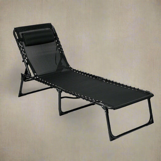 Black Adjustable Folding Patio Chaise Lounge Chair – Side View

Reclining Outdoor Lounge Chair Folded for Storage

Cushioned Folding Chaise Chair – Adjustable Backrest Positions

Patio Recliner in Outdoor Use Setting – Backyard or Poolside

Person Relaxing on Black Folding Patio Chaise Chair

