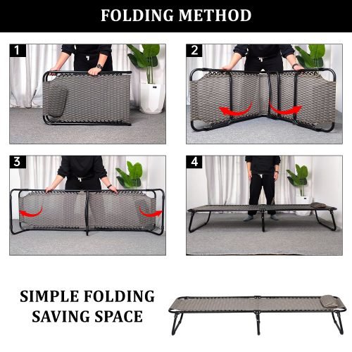 Black Adjustable Folding Patio Chaise Lounge Chair – Side View

Reclining Outdoor Lounge Chair Folded for Storage

Cushioned Folding Chaise Chair – Adjustable Backrest Positions

Patio Recliner in Outdoor Use Setting – Backyard or Poolside

Person Relaxing on Black Folding Patio Chaise Chair