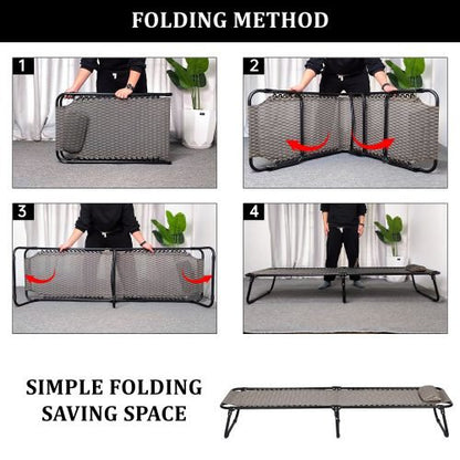 Black Adjustable Folding Patio Chaise Lounge Chair – Side View

Reclining Outdoor Lounge Chair Folded for Storage

Cushioned Folding Chaise Chair – Adjustable Backrest Positions

Patio Recliner in Outdoor Use Setting – Backyard or Poolside

Person Relaxing on Black Folding Patio Chaise Chair