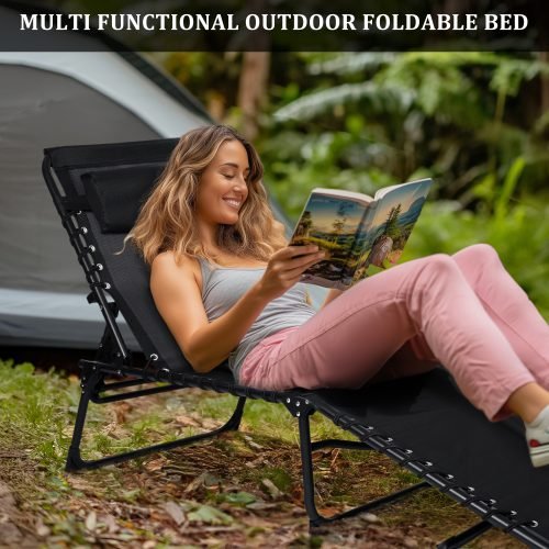 Black Adjustable Folding Patio Chaise Lounge Chair – Side View

Reclining Outdoor Lounge Chair Folded for Storage

Cushioned Folding Chaise Chair – Adjustable Backrest Positions

Patio Recliner in Outdoor Use Setting – Backyard or Poolside

Person Relaxing on Black Folding Patio Chaise Chair