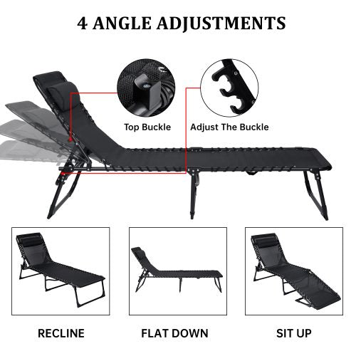 Black Adjustable Folding Patio Chaise Lounge Chair – Side View

Reclining Outdoor Lounge Chair Folded for Storage

Cushioned Folding Chaise Chair – Adjustable Backrest Positions

Patio Recliner in Outdoor Use Setting – Backyard or Poolside

Person Relaxing on Black Folding Patio Chaise Chair