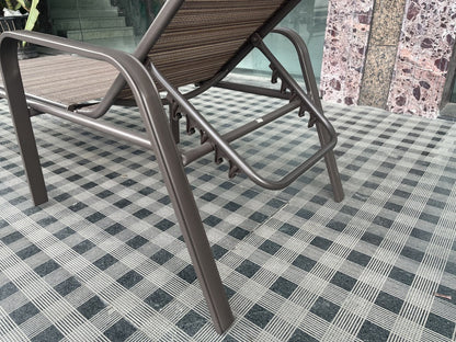Reclining folding patio lounger chair on the beach

Adjustable sun lounger with breathable Teslin mesh

Close-up of outdoor lounger armrest and frame

Folded outdoor lounge chair ready for storage

Lounger chair beside swimming pool deck