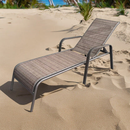 Reclining folding patio lounger chair on the beach

Adjustable sun lounger with breathable Teslin mesh

Close-up of outdoor lounger armrest and frame

Folded outdoor lounge chair ready for storage

Lounger chair beside swimming pool deck