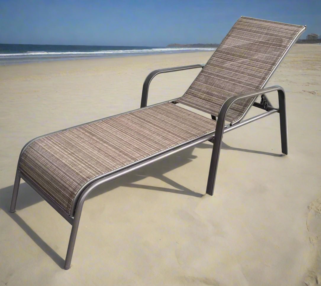 Reclining folding patio lounger chair on the beach

Adjustable sun lounger with breathable Teslin mesh

Close-up of outdoor lounger armrest and frame

Folded outdoor lounge chair ready for storage

Lounger chair beside swimming pool deck