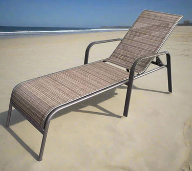 Reclining folding patio lounger chair on the beach

Adjustable sun lounger with breathable Teslin mesh

Close-up of outdoor lounger armrest and frame

Folded outdoor lounge chair ready for storage

Lounger chair beside swimming pool deck
