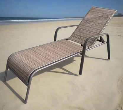 Reclining folding patio lounger chair on the beach

Adjustable sun lounger with breathable Teslin mesh

Close-up of outdoor lounger armrest and frame

Folded outdoor lounge chair ready for storage

Lounger chair beside swimming pool deck