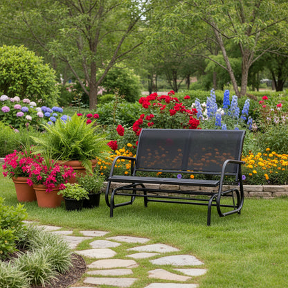 2-person outdoor patio rocking glider bench with mesh seat and steel frame – black garden swing chair
