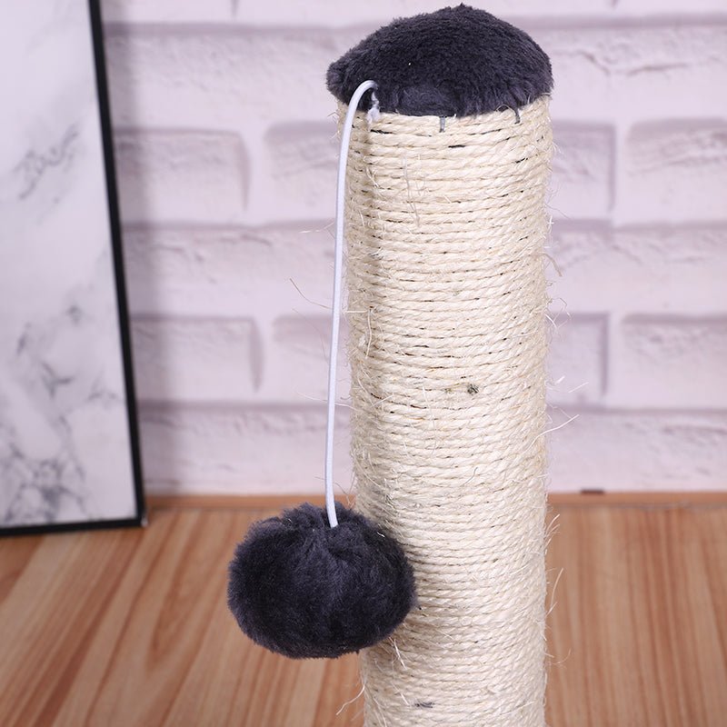 12" paw print cat scratching post with hanging play ball
compact cat tower for kittens with white post and black base
cat scratcher with interactive ball toy
cute cat scratching post with paw-shaped base
indoor kitten play stand for active pets