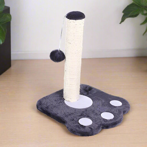 12" paw print cat scratching post with hanging play ball
compact cat tower for kittens with white post and black base
cat scratcher with interactive ball toy
cute cat scratching post with paw-shaped base
indoor kitten play stand for active pets