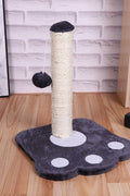 12" paw print cat scratching post with hanging play ball
compact cat tower for kittens with white post and black base
cat scratcher with interactive ball toy
cute cat scratching post with paw-shaped base
indoor kitten play stand for active pets
