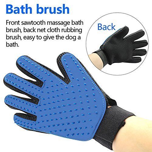 Blue pet grooming gloves front and back view
Hand wearing pet grooming glove brushing dog
Close-up of silicone tips on grooming glove
Glove collecting loose fur after brushing
Grooming glove set with packaging