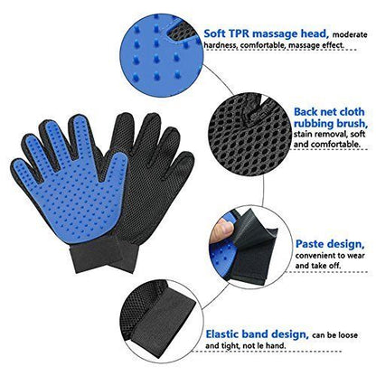 Blue pet grooming gloves front and back view
Hand wearing pet grooming glove brushing dog
Close-up of silicone tips on grooming glove
Glove collecting loose fur after brushing
Grooming glove set with packaging