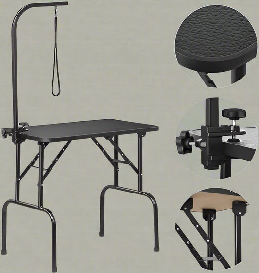 Pet Grooming Table with Adjustable Arm – Front View

Black Dog Grooming Table with Loop and Arm

Foldable Grooming Table for Dogs – Side Angle