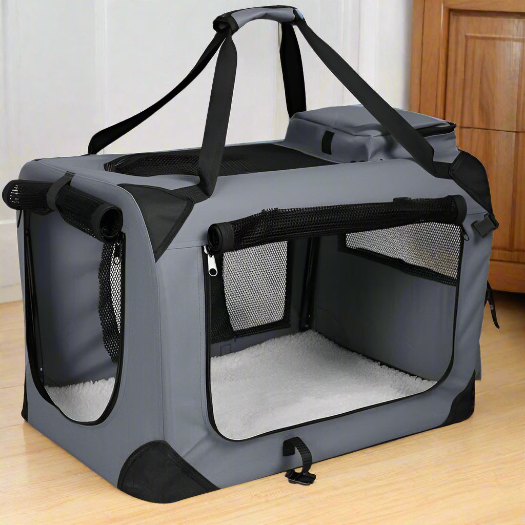 Foldable pet soft crate for large dogs and cats
Pet inside soft-sided crate with mesh panels
Portable travel kennel with reinforced frame
Side ventilation and top zipper of crate
Soft dog crate collapsed flat for storage