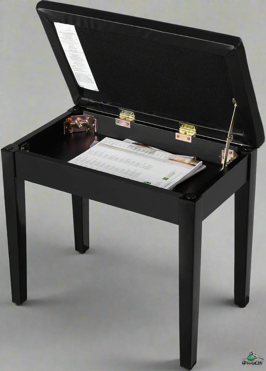 "Adjustable black faux leather piano bench with padded cushion and hidden storage – Model LPB55H"