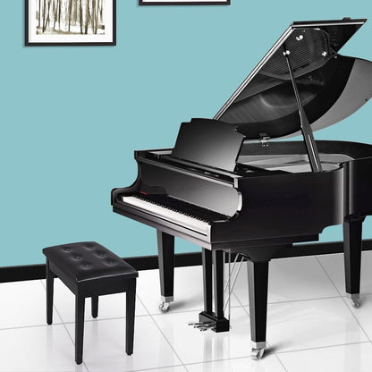 "Adjustable black faux leather piano bench with padded cushion and hidden storage – Model LPB55H"