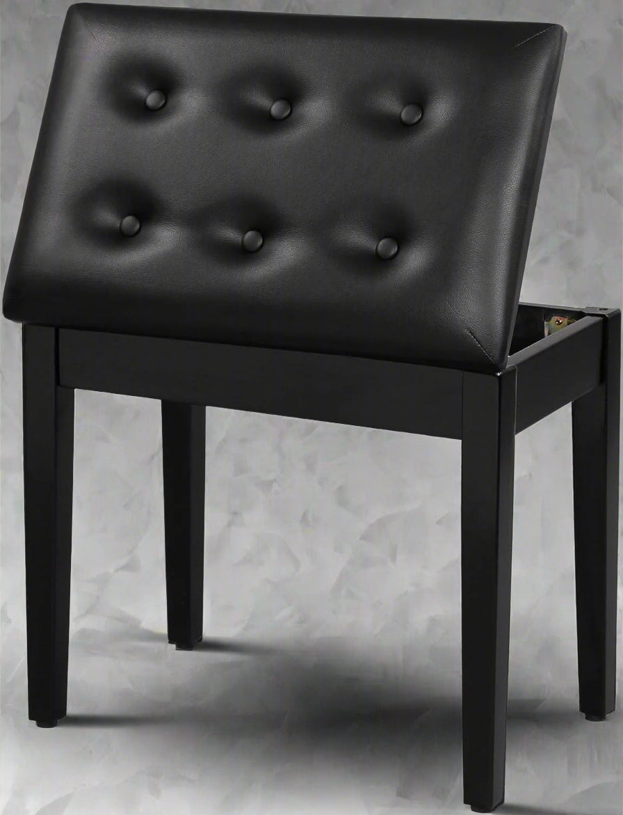 "Adjustable black faux leather piano bench with padded cushion and hidden storage – Model LPB55H"