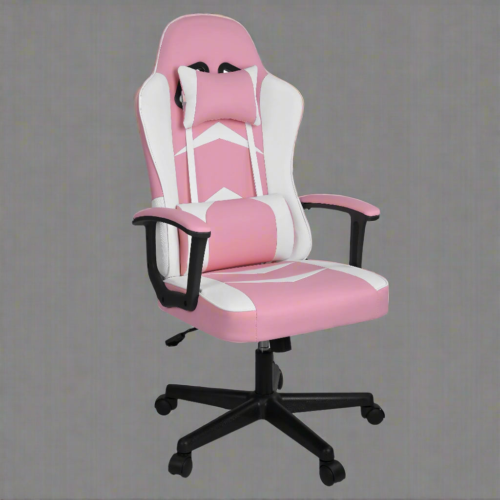 Pink ergonomic high-back gaming chair with armrests – front view

Reclining pink gaming chair with lumbar support pillow

Side profile of pink gaming chair on wheels

Faux leather office chair in pink – multiple angles

Pink gamer chair with adjustable headrest and lumbar cushion