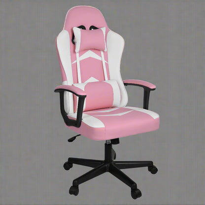 Pink ergonomic high-back gaming chair with armrests – front view

Reclining pink gaming chair with lumbar support pillow

Side profile of pink gaming chair on wheels

Faux leather office chair in pink – multiple angles

Pink gamer chair with adjustable headrest and lumbar cushion