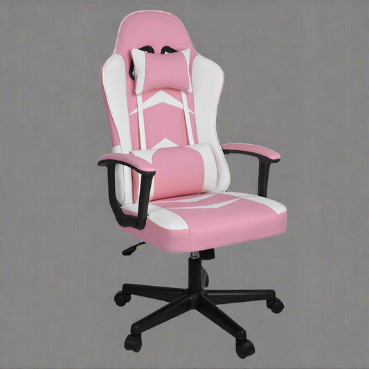 Pink ergonomic high-back gaming chair with armrests – front view

Reclining pink gaming chair with lumbar support pillow

Side profile of pink gaming chair on wheels

Faux leather office chair in pink – multiple angles

Pink gamer chair with adjustable headrest and lumbar cushion