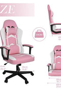 Pink ergonomic high-back gaming chair with armrests – front view

Reclining pink gaming chair with lumbar support pillow

Side profile of pink gaming chair on wheels

Faux leather office chair in pink – multiple angles

Pink gamer chair with adjustable headrest and lumbar cushion