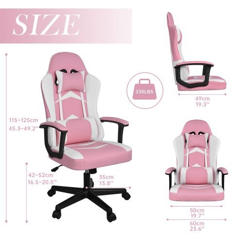 Pink ergonomic high-back gaming chair with armrests – front view

Reclining pink gaming chair with lumbar support pillow

Side profile of pink gaming chair on wheels

Faux leather office chair in pink – multiple angles

Pink gamer chair with adjustable headrest and lumbar cushion