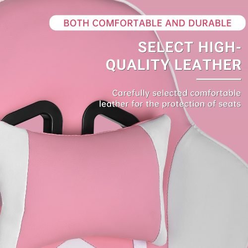 Pink ergonomic high-back gaming chair with armrests – front view

Reclining pink gaming chair with lumbar support pillow

Side profile of pink gaming chair on wheels

Faux leather office chair in pink – multiple angles

Pink gamer chair with adjustable headrest and lumbar cushion