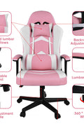 Pink ergonomic high-back gaming chair with armrests – front view

Reclining pink gaming chair with lumbar support pillow

Side profile of pink gaming chair on wheels

Faux leather office chair in pink – multiple angles

Pink gamer chair with adjustable headrest and lumbar cushion