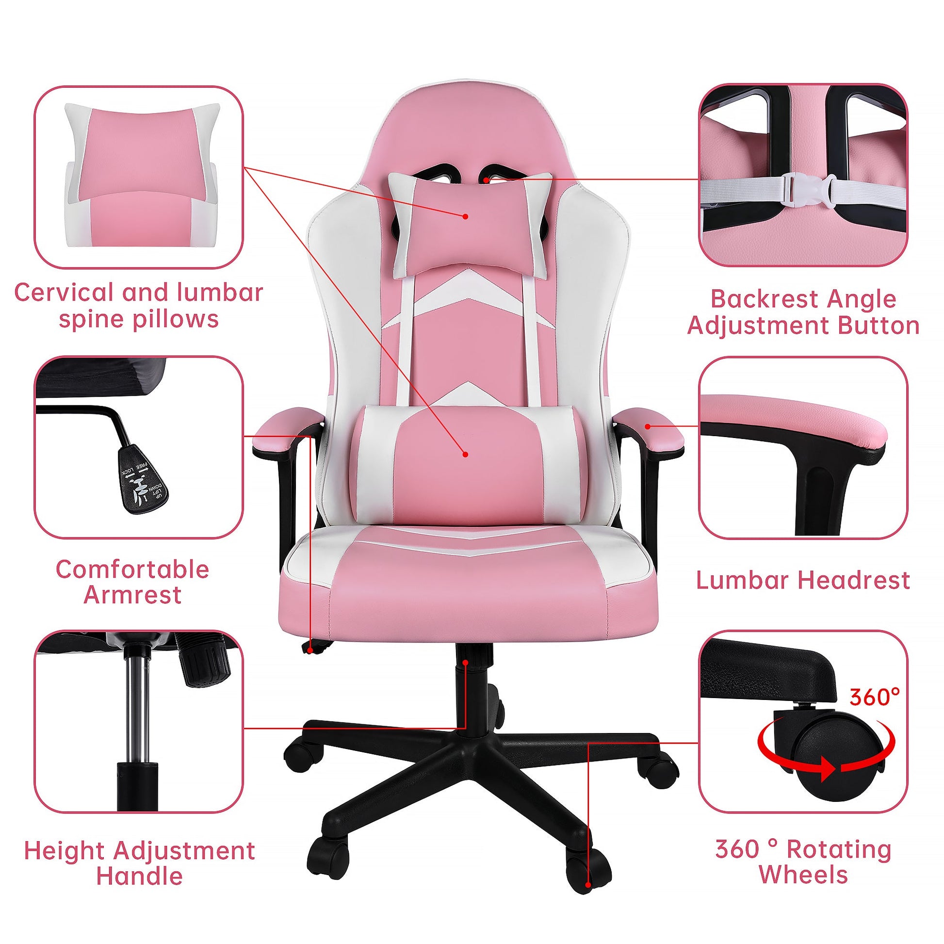 Pink ergonomic high-back gaming chair with armrests – front view

Reclining pink gaming chair with lumbar support pillow

Side profile of pink gaming chair on wheels

Faux leather office chair in pink – multiple angles

Pink gamer chair with adjustable headrest and lumbar cushion