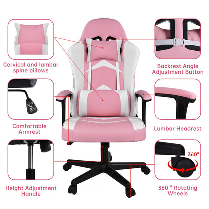 Pink ergonomic high-back gaming chair with armrests – front view

Reclining pink gaming chair with lumbar support pillow

Side profile of pink gaming chair on wheels

Faux leather office chair in pink – multiple angles

Pink gamer chair with adjustable headrest and lumbar cushion